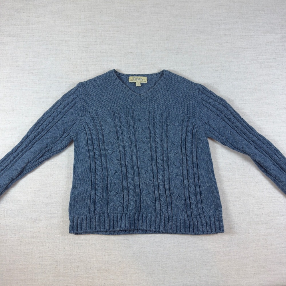 Vintage Cabelas Mens Small Blue 100% Cotton Cable Knit V-Neck Sweater Pullover